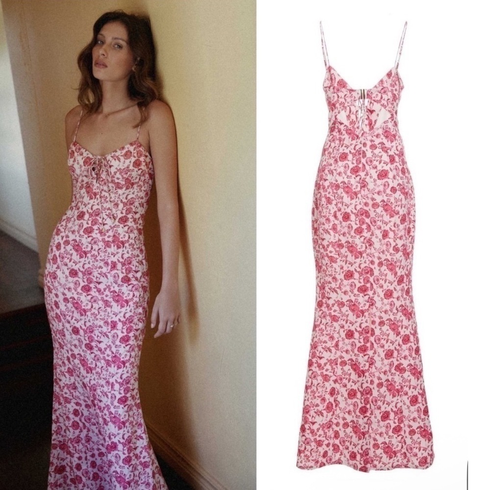SIGNIFICANT OTHER Dress Orchid Linen Floral Trumpet Cutout Maxi Pink Peony Sz 10